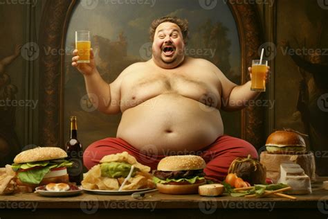 Fat man eats burger and drinks soda. Generate Ai 27736737 Stock Photo