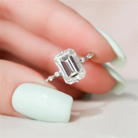 carat emerald cut moissanite diamond ring emerald cut side stone