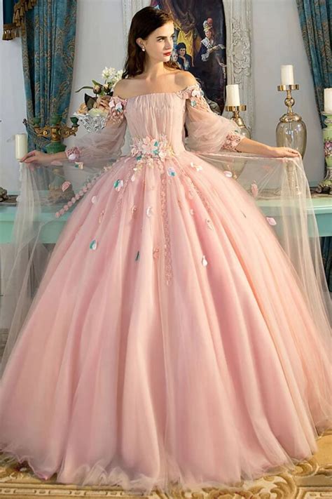 pink ball gown long sleeves  shoulder prom dresses quinceanera