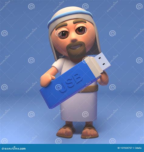 Cartoon Jesus Christ Keeps Data Safe on a USB Thumb Drive Device, 3d