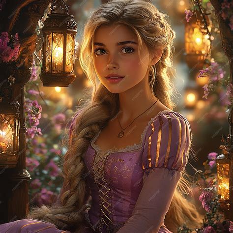 A beautiful young girl in the style of Rapunzel from Disneys animated