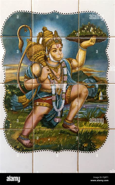 Lord Hanuman monkey God lifting Dronagiri mountain Gada hand painted glazed tiles Temple Devgad ...