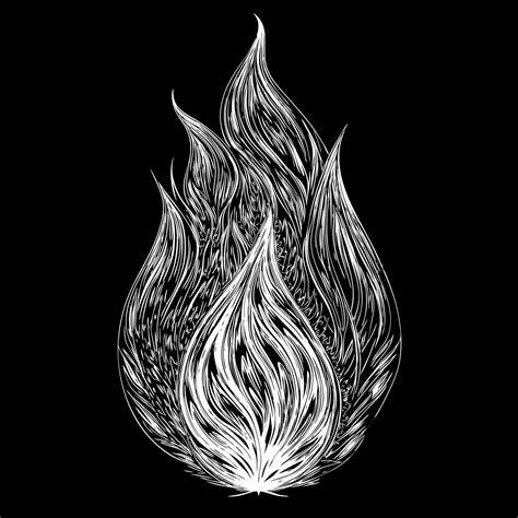 Intricate Hand Drawn Black and White Flame Illustration on Dark