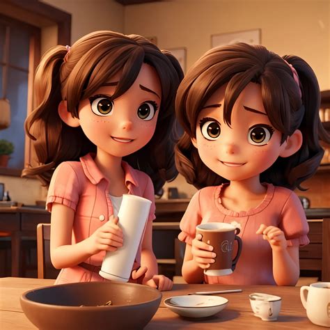 Two young girls sitting at a table with cups of coffee - SeaArt AI