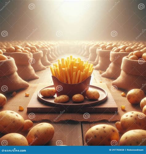 A Container of Ready To Eat Fries Sitting in a Sea of Potatoes and