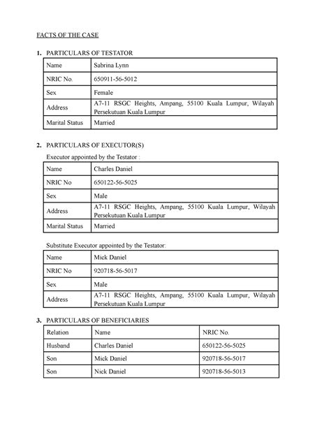 1. Facts - FACTS OF THE CASE 1. PARTICULARS OF TESTATOR Name Sabrina