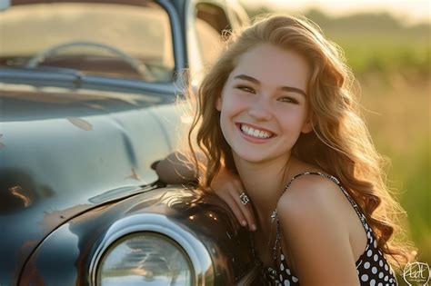 smiling young woman leaning  classic car premium ai generated image