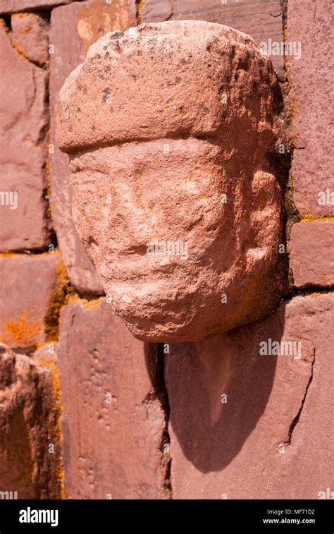 closeup  carved stone tenon head embedded  wall  tiwanakus semi