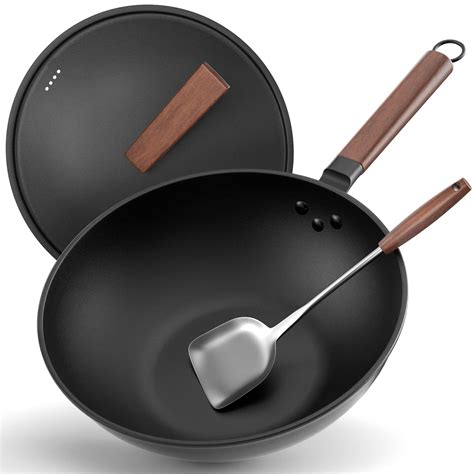 Buy Todlabe Nonstick Wok, 13-Inch Carbon Steel Wok Pan with Lid Woks ...