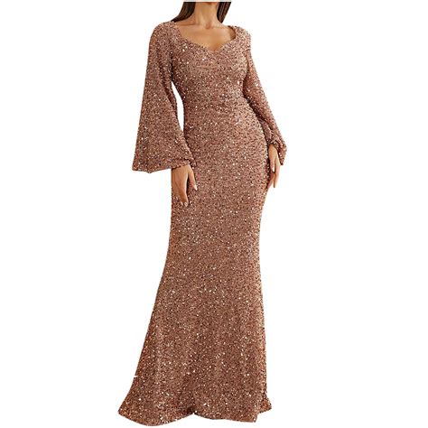 TMOYZQ Women's Sequin Banquet Dress V Neck Bell Long Sleeve Bodycon