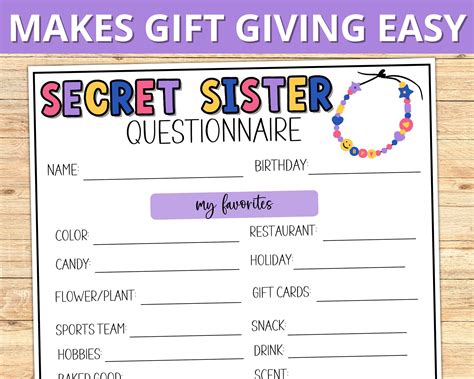 Secret Sister Questionnaire Printable