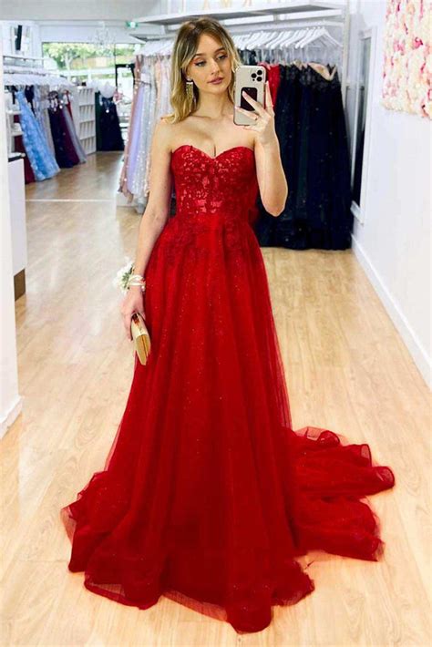 Strapless Red Lace Long Prom Dress, Sweetheart Neck Red Formal Dress ...