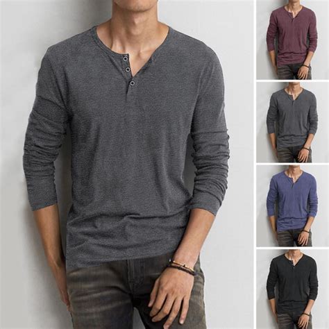 Men's Casual Long Sleeve Smart V Neck Cotton T-shirt | Shopee Singapore