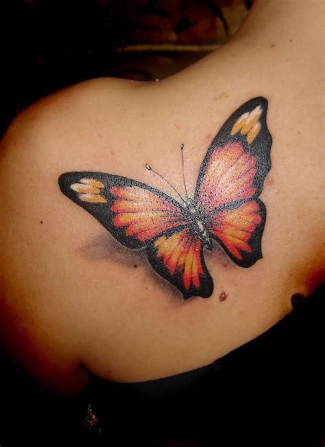 Realistic Black and Orange Butterfly Tattoo on Left Back Shoulder ...