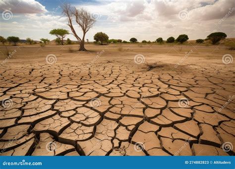 drought stricken landscape  parched  cracked earth visible stock