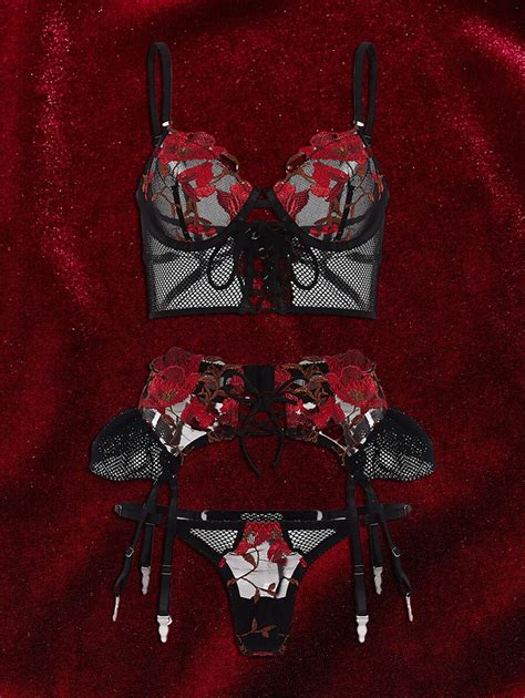 romwe goth pack floral embroidery mesh underwire garter lingerie set