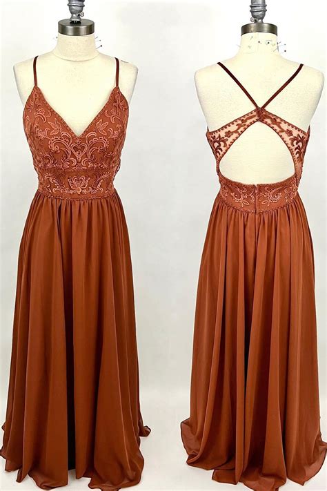 Rust Orange Lace and Chiffon A-line Long Bridesmaid Dress | Rust
