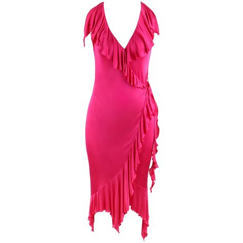 VERSACE S/S 2004 Hot Pink Knit V Neck Ruffle Wrap Dress at 1stDibs