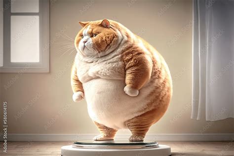 Fat Cat standing on the scales in a bright room. AI generated Stock ...