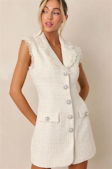 Ivory Tweed Mini Coat Dress - Quiet Luxury | Red Dress