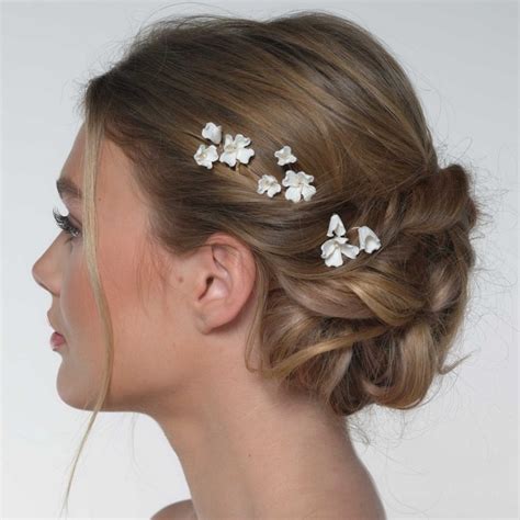 Camellia Set of 3 Ivory Porcelain Flower Gold Hair Pins