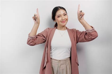 premium photo excited asian woman employee wearing cardigan pointing