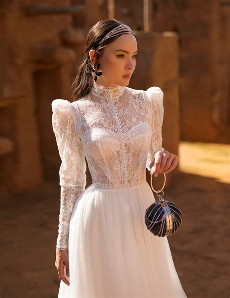 Clasic Lace Wedding Dress With a High Collar Romantic Boho Wedding