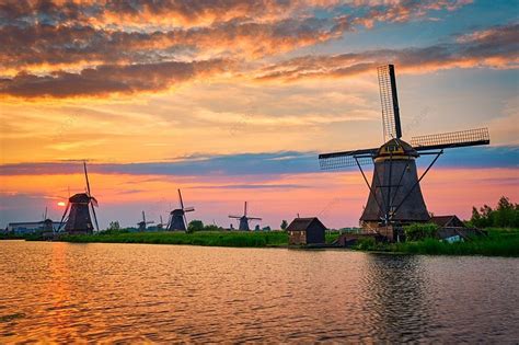 Netherlands Rural Landscape With Windmills At Famous Tourist Site ...