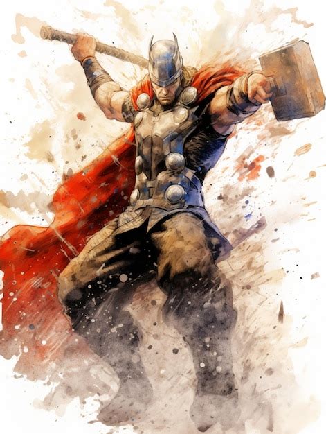 Premium Photo | Thor with the giant mjolnir Ink drawing digital ...