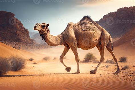 A wild camel walks through the Sahara Desert. 23009448 Stock Photo at ...