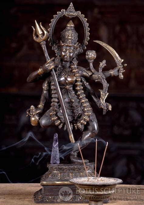 Four Armed Hindu Goddess Kali Standing on Lotus Base Sculpture Holding