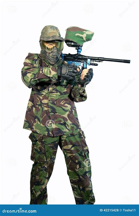 Paintballer with marker stock photo. Image of glove, isolated - 42215428