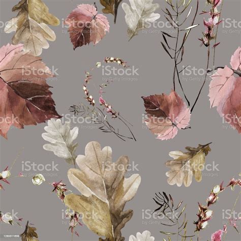 watercolor autumn leaves  grass  gray seamless pattern stock