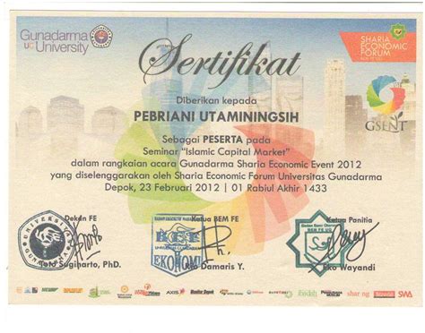 Pebriani Utaminingsih: Sertifikat Gunadarma Kalimalang