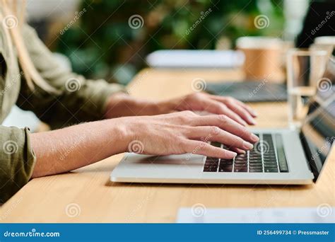 Side View of Hands of Young Businesswoman Typing on Laptop Keyboard ...