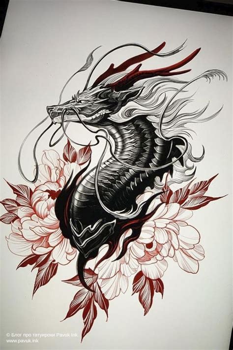 Эскиз тату дракон и цветы Dragon Tattoo Drawing, Dragon Sleeve Tattoos ...