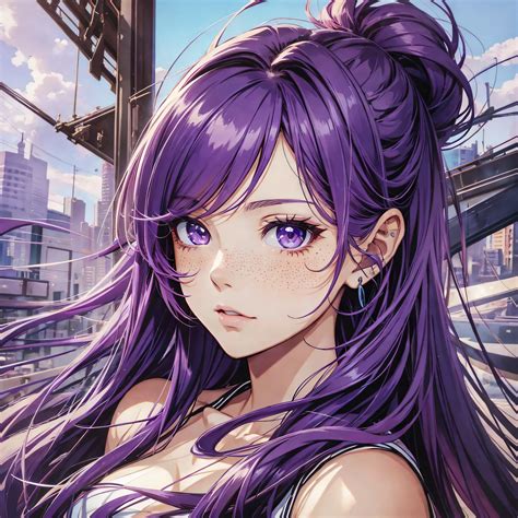 Anime girl with purple hair and blue eyes standing in front of a bridge