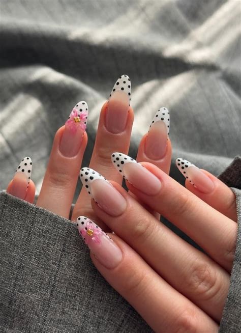 trendy nail designs almond french tip polka dot nails  floral