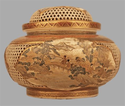 Japanese Edo-Meiji Period Satsuma Incense Burner (Koro) and Wooden