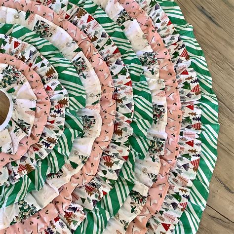 Blush Pink Ruffled Christmas Tree Skirt With Green Stripes, Cute Tree ...