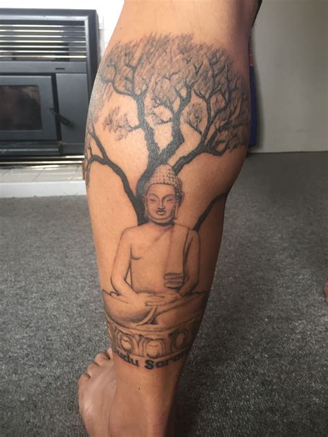 Calf tattoo Buddha under bodhi tree Done December 2016 | Bodhi tree tattoo, Bodhi tattoo, Tree ...