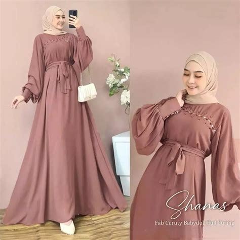 ghifar baju gamis remaja aplikasi mutiara mewah model lengan balon