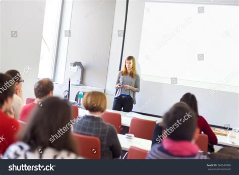 speaker giving  lecture hall university stock photo edit