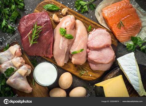 Animal protein sources- meat, fish, cheese and milk. — Stock Photo ...
