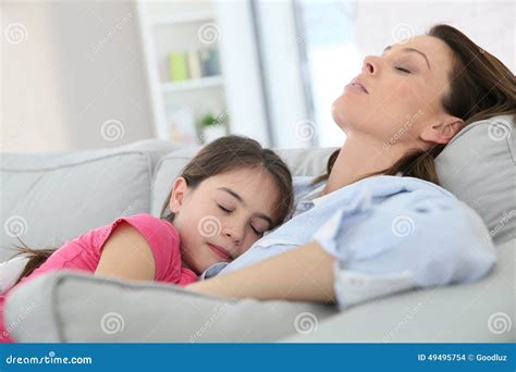 Mother and Daughter Sleeping on a Sofa Stock Photo - Image of week