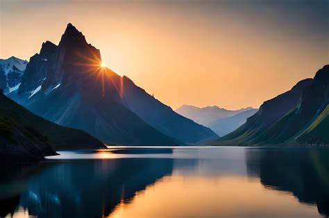 Premium AI Image | a sunset over a mountain lake