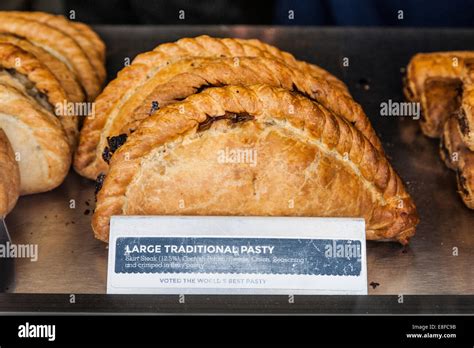 Picture of a Cornish pasties / pasty in the display of a pasty shop