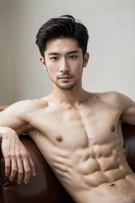 close    shirtless man sitting   couch seaart ai