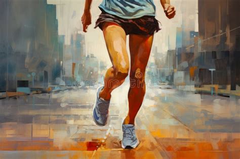 Image of Woman Running in the Rain in Blue Shirt. Generative AI Stock