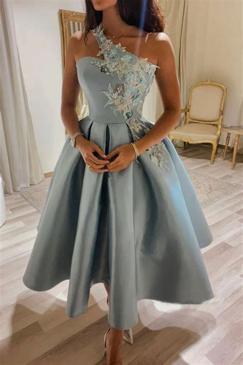 Blue Satin One Shoulder Knee Length Prom Dresses with Appliques, One S
